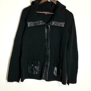 Classiques Entier L Black 100% Merino Wool Real Leather Cardigan Sweater